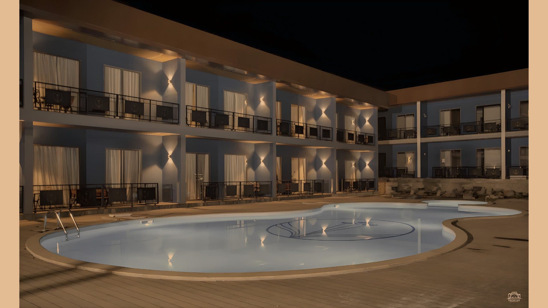 Hotel pool and terrace at night