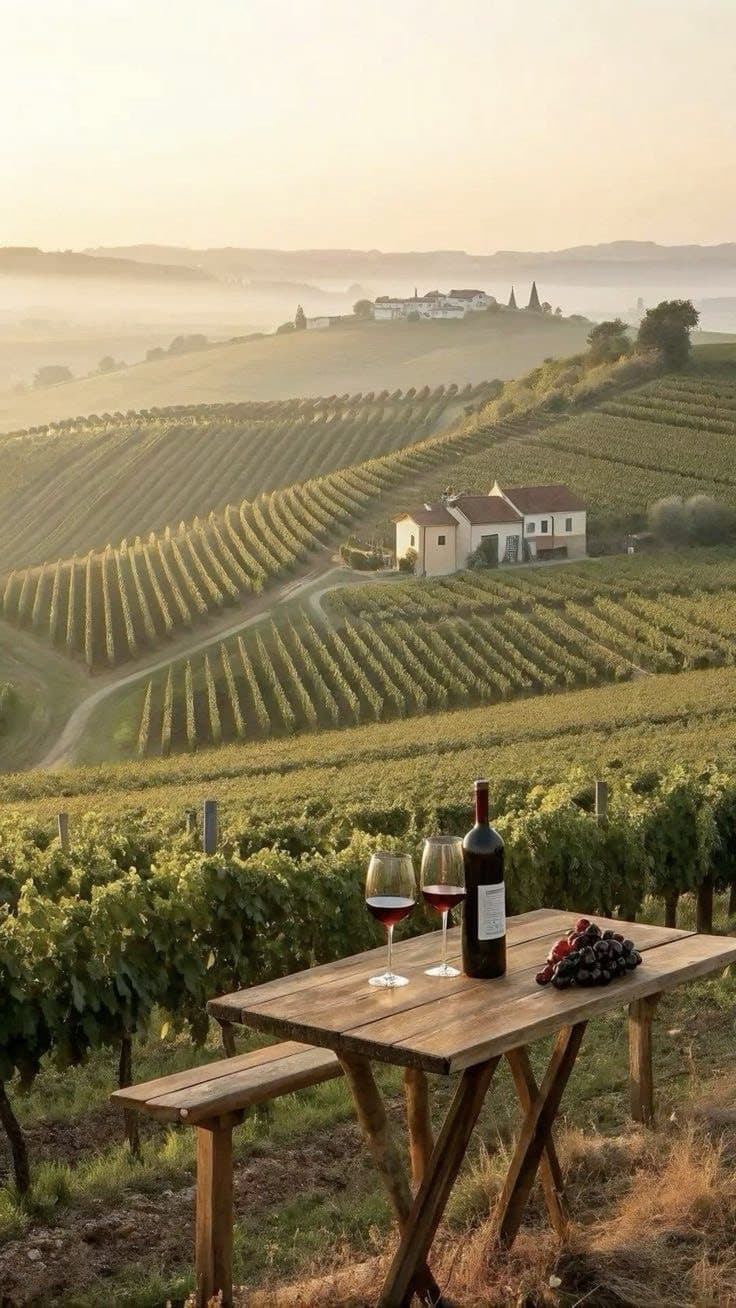Wine and glasses on a table overlooking a vineyard